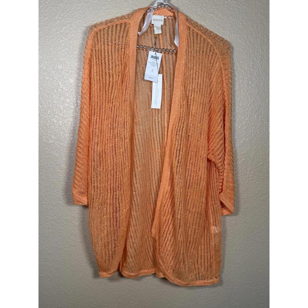 Chico's Open Knit Linen Blend Cardigan Sz 1 Duster Lightweight Orange Resort